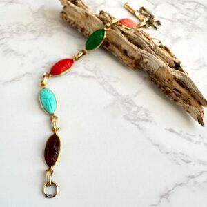 Vintage Molded Glass Scarab Bracelet, Multicolor, Gold Plated, Egyptian Revival